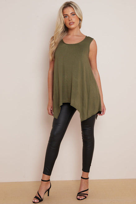 Khaki Sleeveless Top with Asymmetric Hem