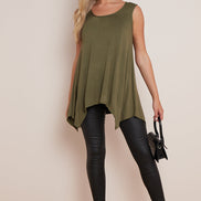 Khaki Sleeveless Top with Asymmetric Hem