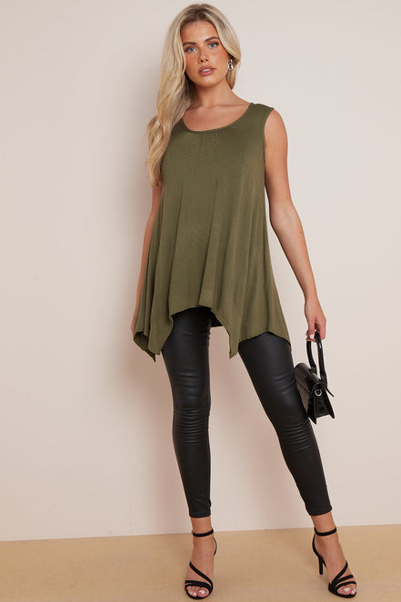 Khaki Sleeveless Top with Asymmetric Hem