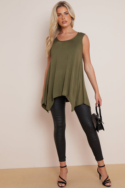 Khaki Sleeveless Top with Asymmetric Hem