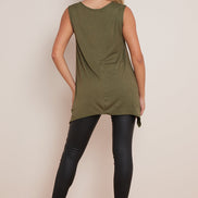 Khaki Sleeveless Top with Asymmetric Hem