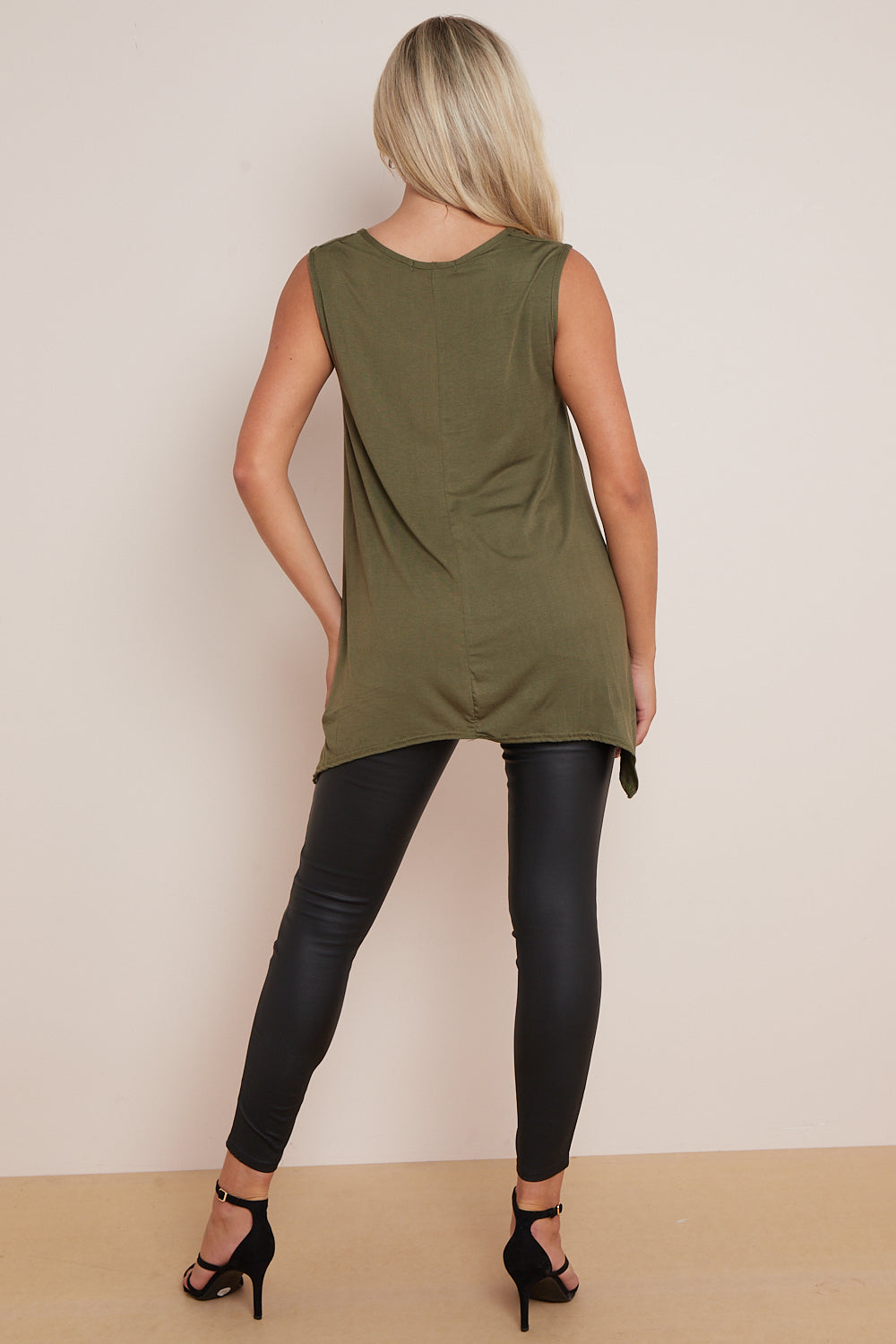 Khaki Sleeveless Top with Asymmetric Hem