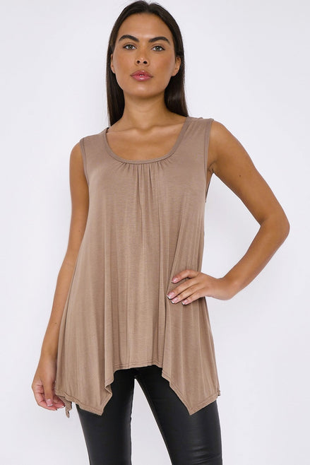 Mocha Sleeveless Top with Asymmetric Hem