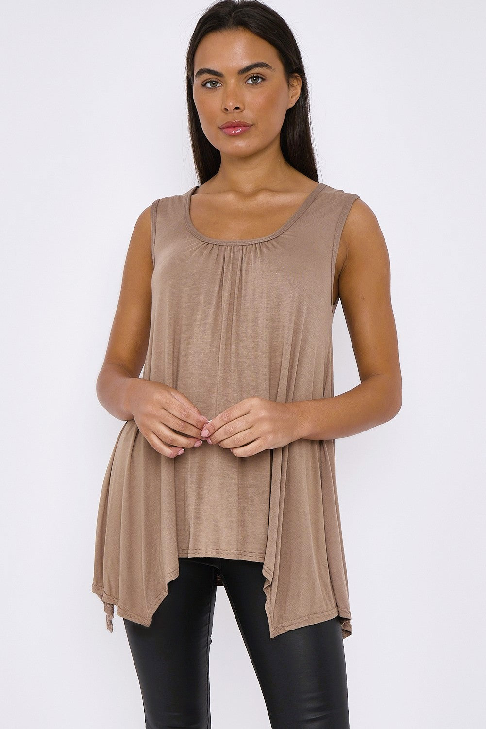 Mocha Sleeveless Top with Asymmetric Hem