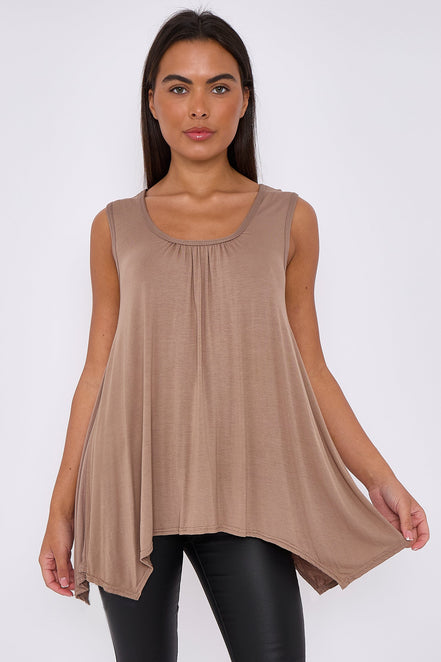 Mocha Sleeveless Top with Asymmetric Hem
