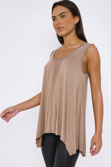Mocha Sleeveless Top with Asymmetric Hem