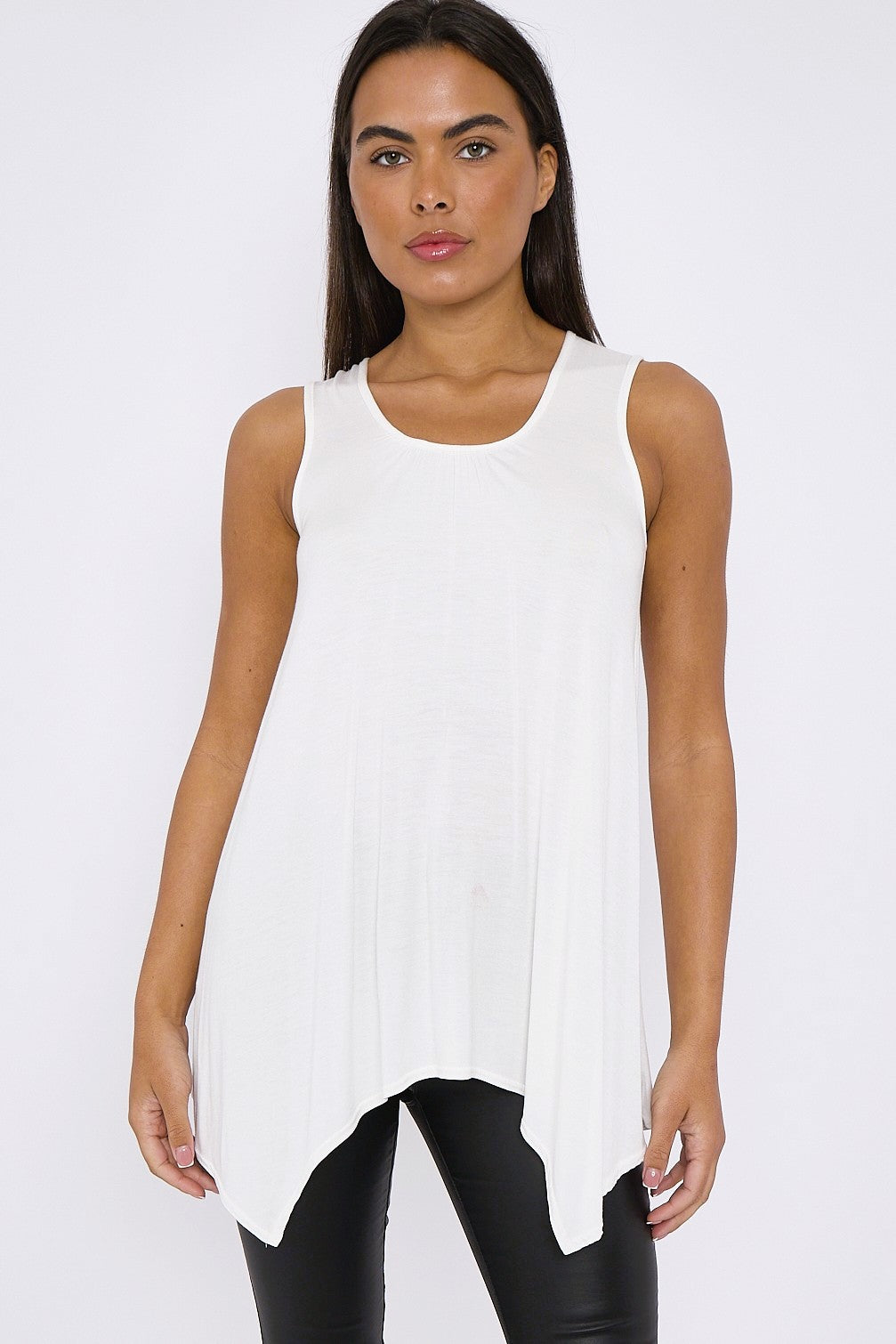 White Sleeveless Top with Asymmetric Hem