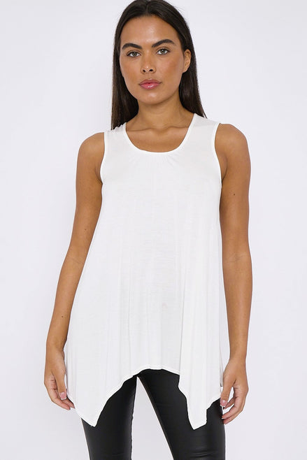 White Sleeveless Top with Asymmetric Hem
