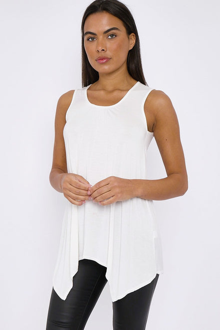 White Sleeveless Top with Asymmetric Hem