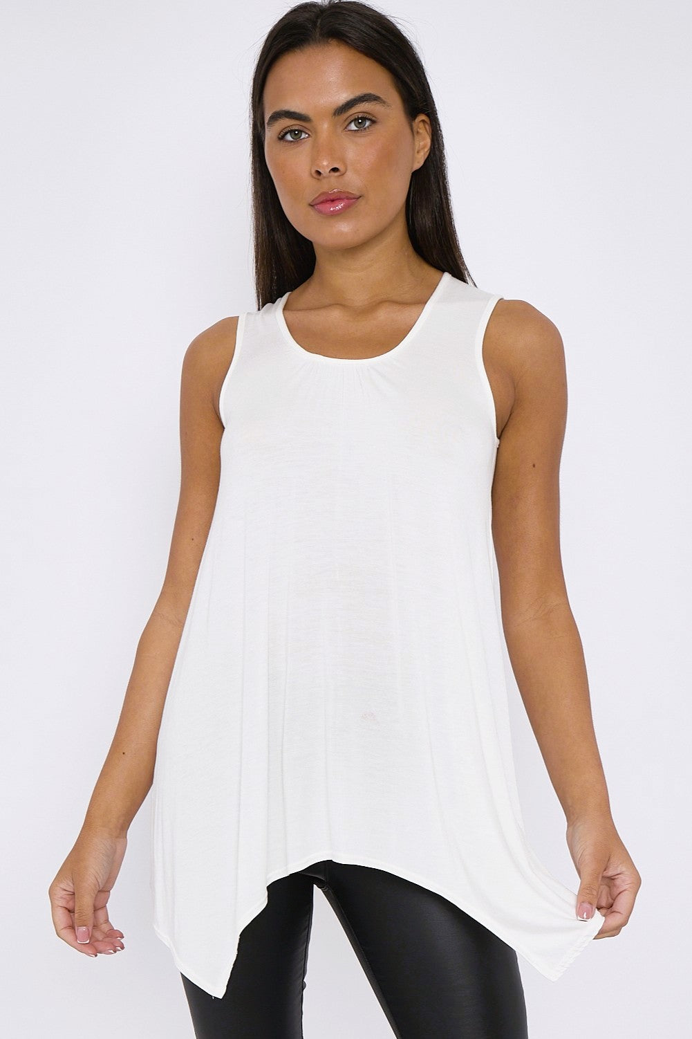 White Sleeveless Top with Asymmetric Hem