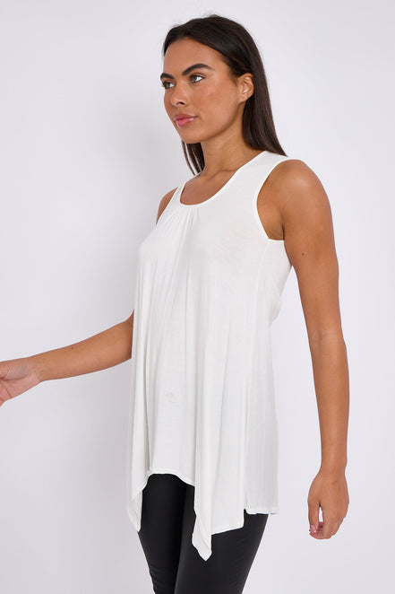 White Sleeveless Top with Asymmetric Hem