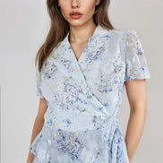 Blue Floral Wrap Blouse with Short Balloon Sleeves