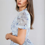 Blue Floral Wrap Blouse with Short Balloon Sleeves