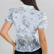 Blue Floral Wrap Blouse with Short Balloon Sleeves