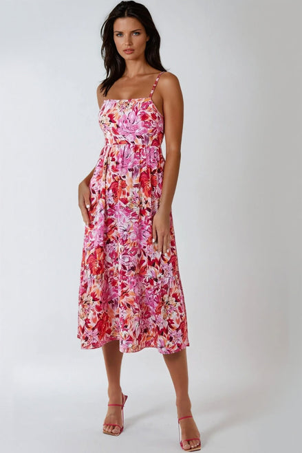 Pink Floral Cami Midi Dress with Cut Out Back