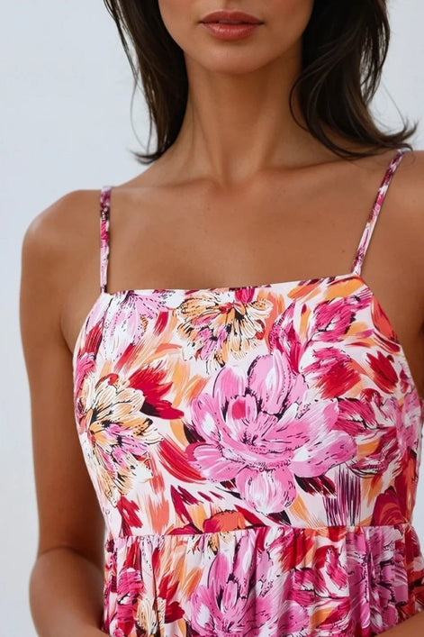 Pink Floral Cami Midi Dress with Cut Out Back