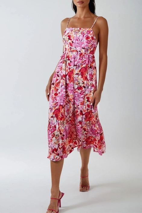 Pink Floral Cami Midi Dress with Cut Out Back