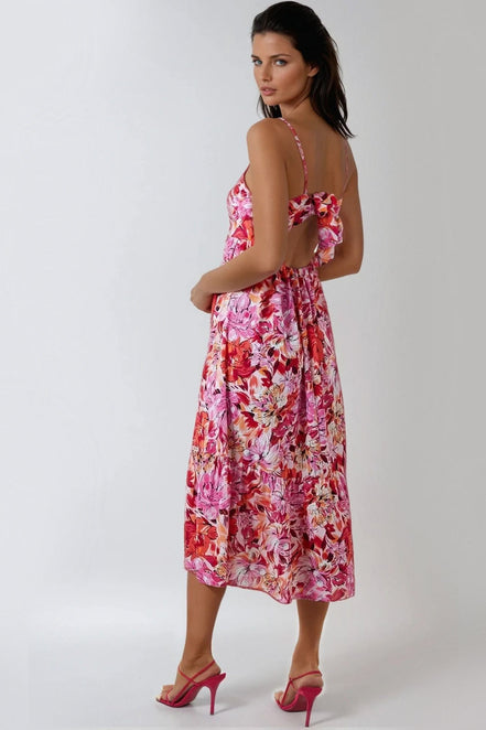 Pink Floral Cami Midi Dress with Cut Out Back