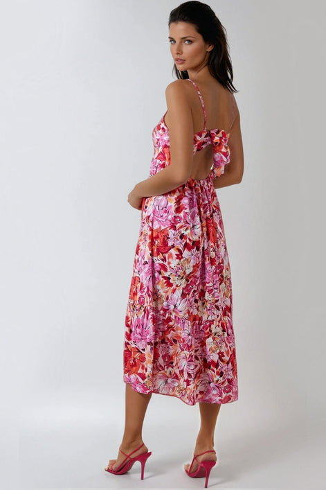 Pink Floral Cami Midi Dress with Cut Out Back