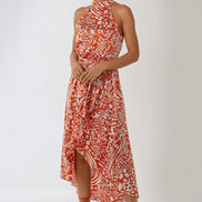Orange Floral Halterneck Wrap Midi Dress