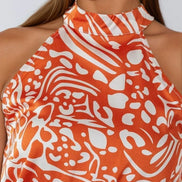 Orange Floral Halterneck Wrap Midi Dress