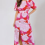 Pink Floral Short Puff Sleeve Midi Dress