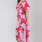 Pink Floral Short Puff Sleeve Midi Dress