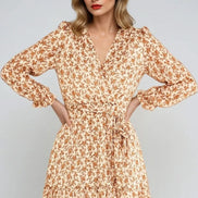 Beige Floral Wrap Mini Dress