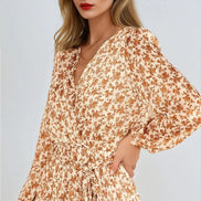 Beige Floral Wrap Mini Dress