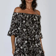 Black Flower Embroidered Bardot Mini Dress