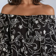 Black Flower Embroidered Bardot Mini Dress