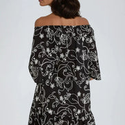 Black Flower Embroidered Bardot Mini Dress