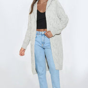 Silver Grey Hooded Cable Knitted Longline Cardigan