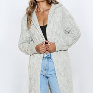 Silver Grey Hooded Cable Knitted Longline Cardigan