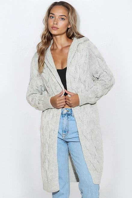 Silver Grey Hooded Cable Knitted Longline Cardigan