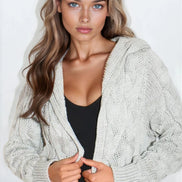 Silver Grey Hooded Cable Knitted Longline Cardigan