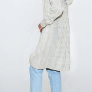 Silver Grey Hooded Cable Knitted Longline Cardigan