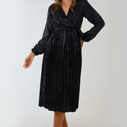 Black Wrap Front Belted Midi Dress