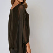 Black Silk Batwing Sleeve Round Neck Blouse