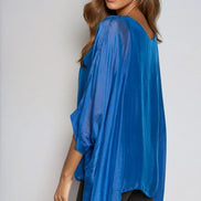 Royal Blue Silk Batwing Sleeve Round Neck Blouse