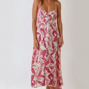 Pink Leaf Print Lace Up Back Midi Dress
