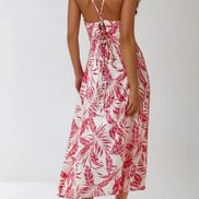 Pink Leaf Print Lace Up Back Midi Dress