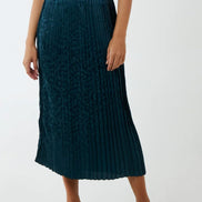 Green Leopard Print Pleated Midi Skirt