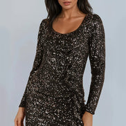 Black Gold Sequin Long Sleeve Bodycon Dress with Frill Detail