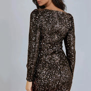 Black Gold Sequin Long Sleeve Bodycon Dress with Frill Detail