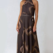 Brown Halterneck Belted Maxi Dress