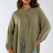 Khaki Open Collar Blouse