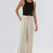 Beige Linen Blend Pin Striped Wide Leg Trousers