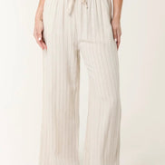 Beige Linen Blend Pin Striped Wide Leg Trousers