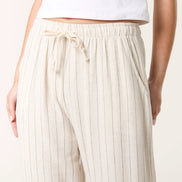 Beige Linen Blend Pin Striped Wide Leg Trousers